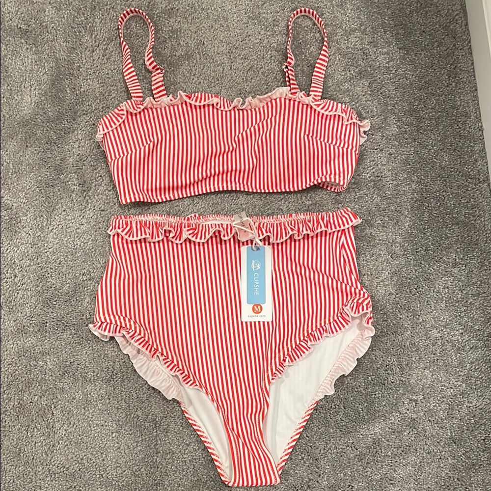 Cupshe Red and White Striped Bikini Bottom and Top, Medium